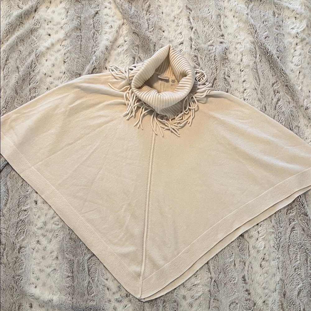 Kinross Cashmere Cream Fringe Turtleneck Poncho
